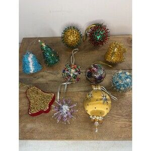 Vintage 11 Handmade Ornaments Starburst Beaded Push Pin Round Bells Multicolor +